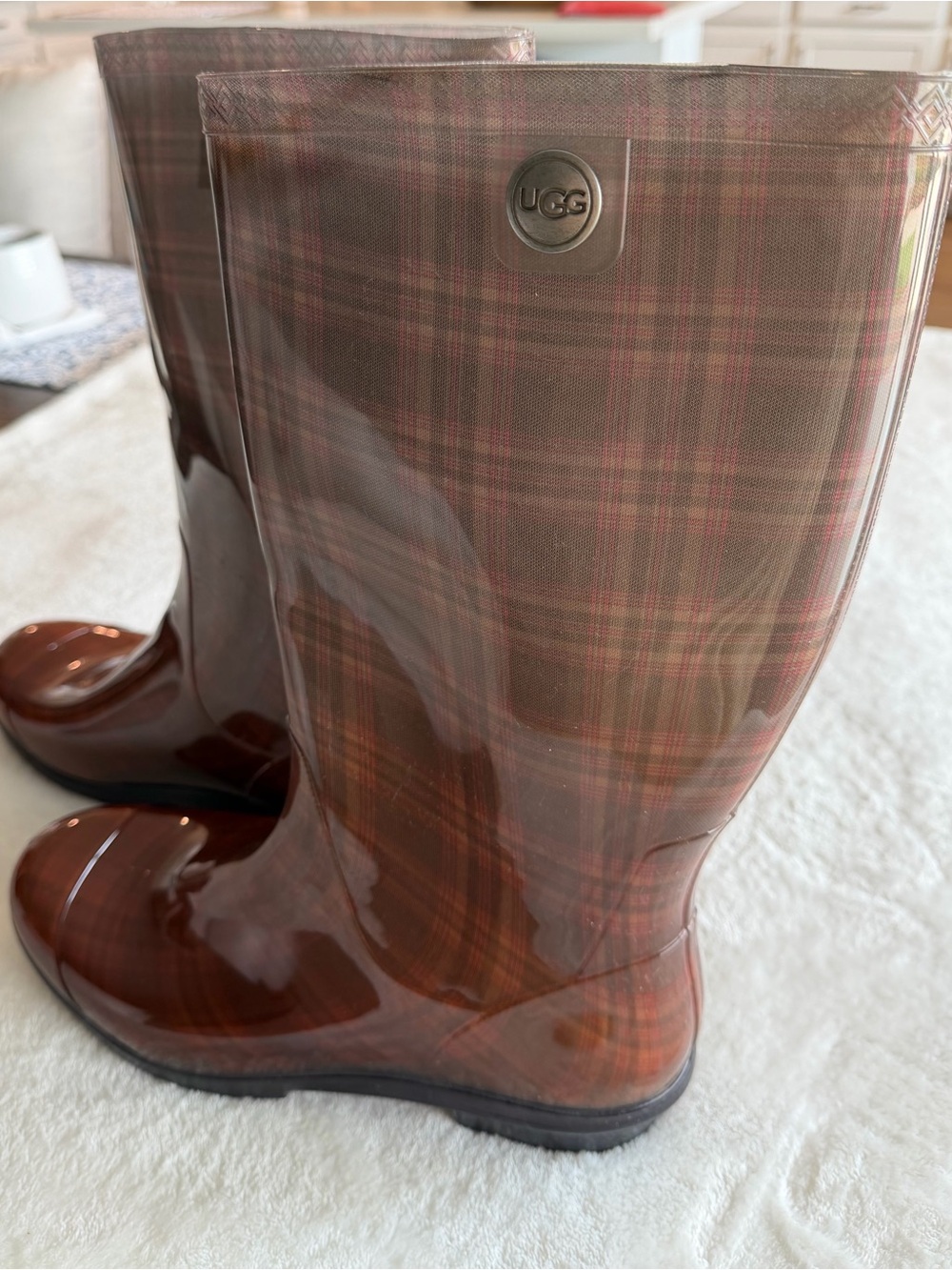 UGG Women's Glossy Brown Plaid Rain Boots